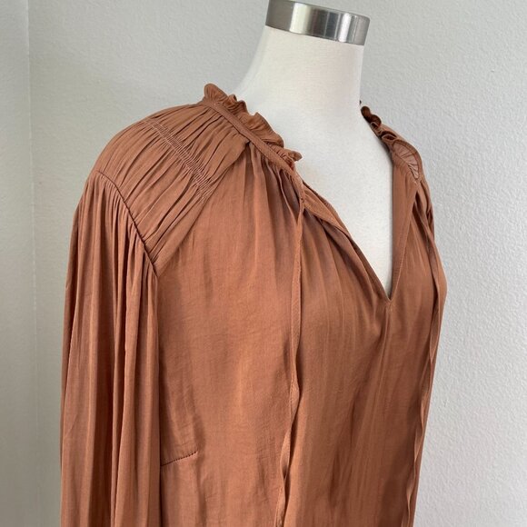 Joie Womens Plus 2X Rust Orange Long Sleeve Ruffle Neck Blouse Top Satin Shirt - Picture 2 of 11